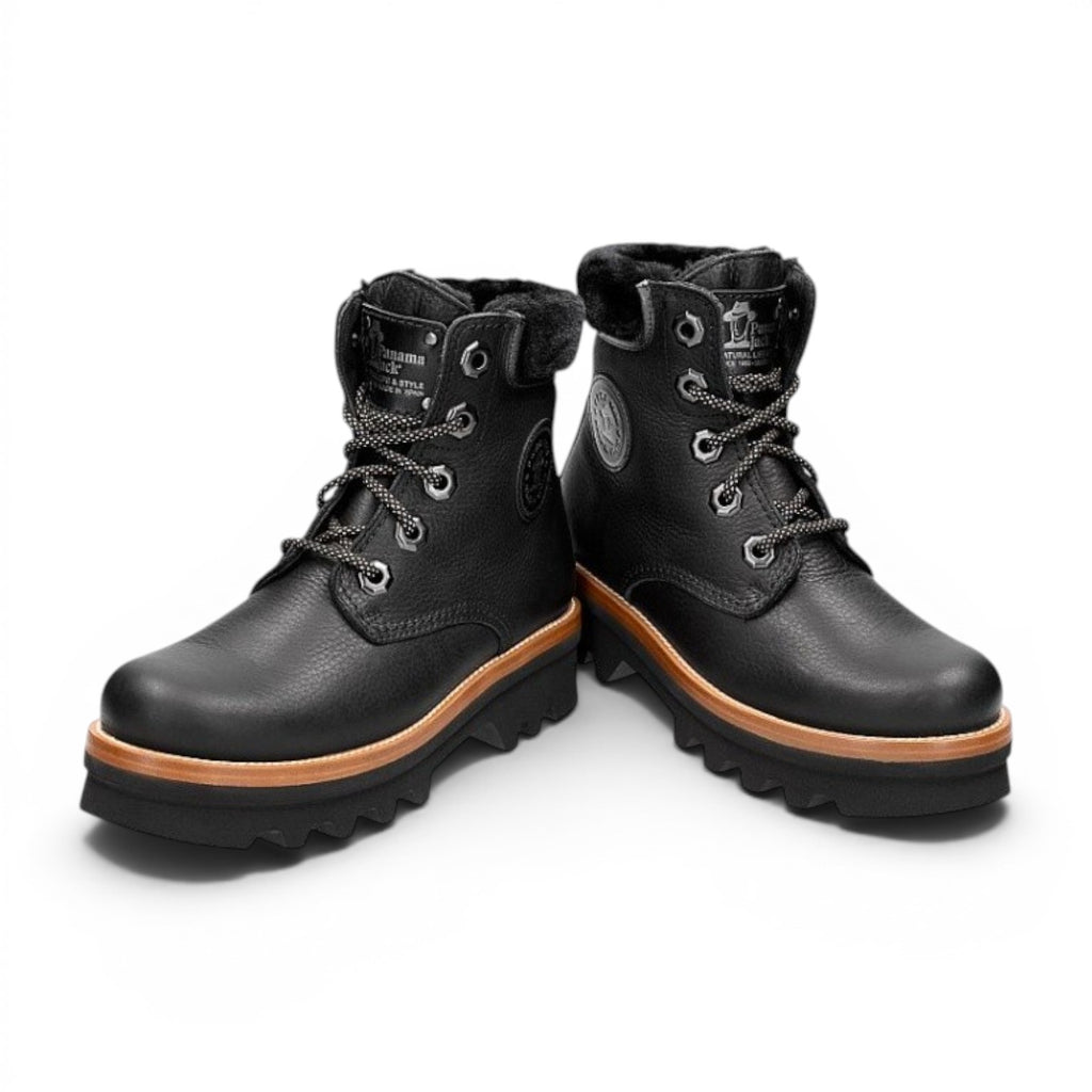 My Store Panama Jack Munster black leather lace-up boots with 100% sheepskin lining and synthetic sole.