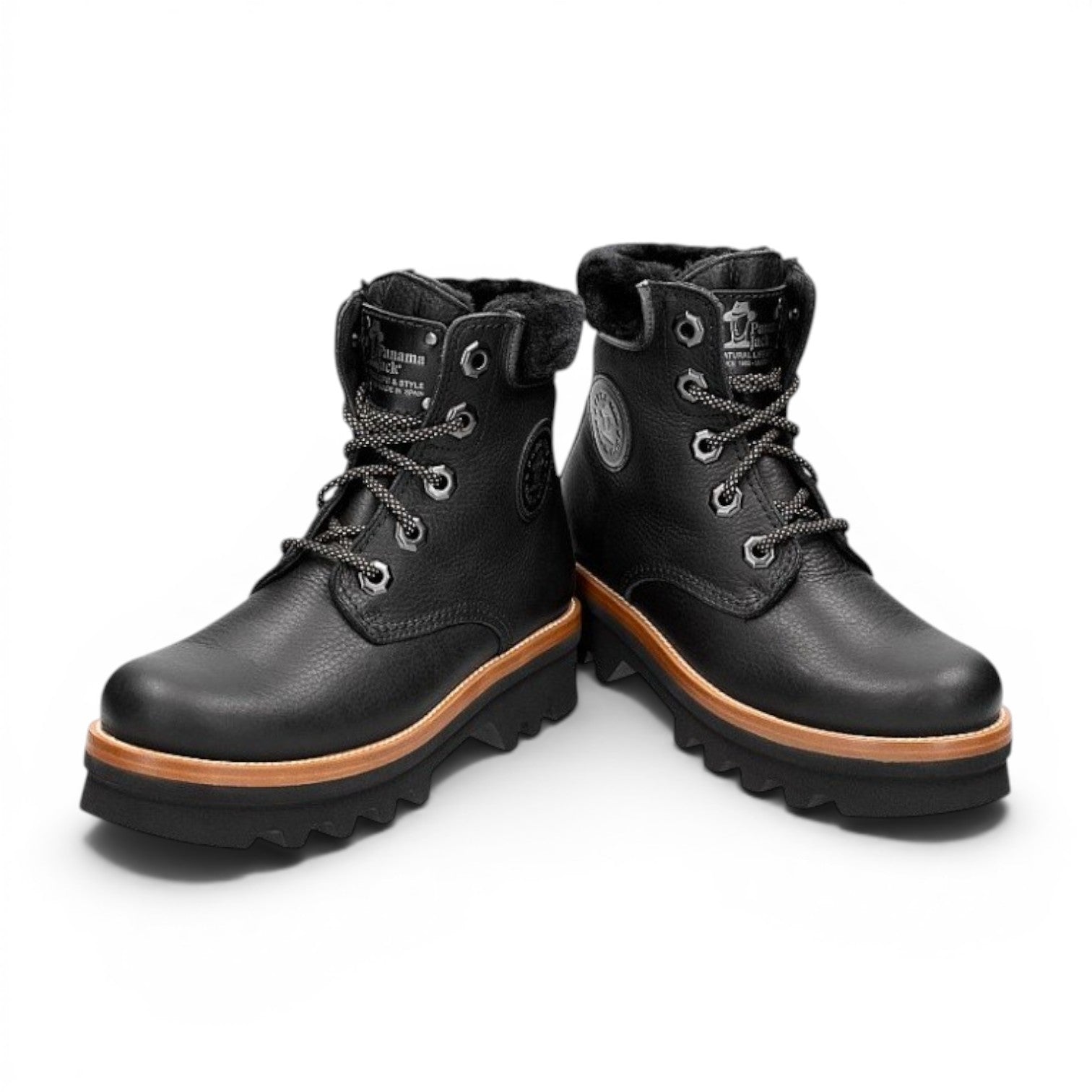 My Store Panama Jack Munster black leather lace-up boots with 100% sheepskin lining and synthetic sole.