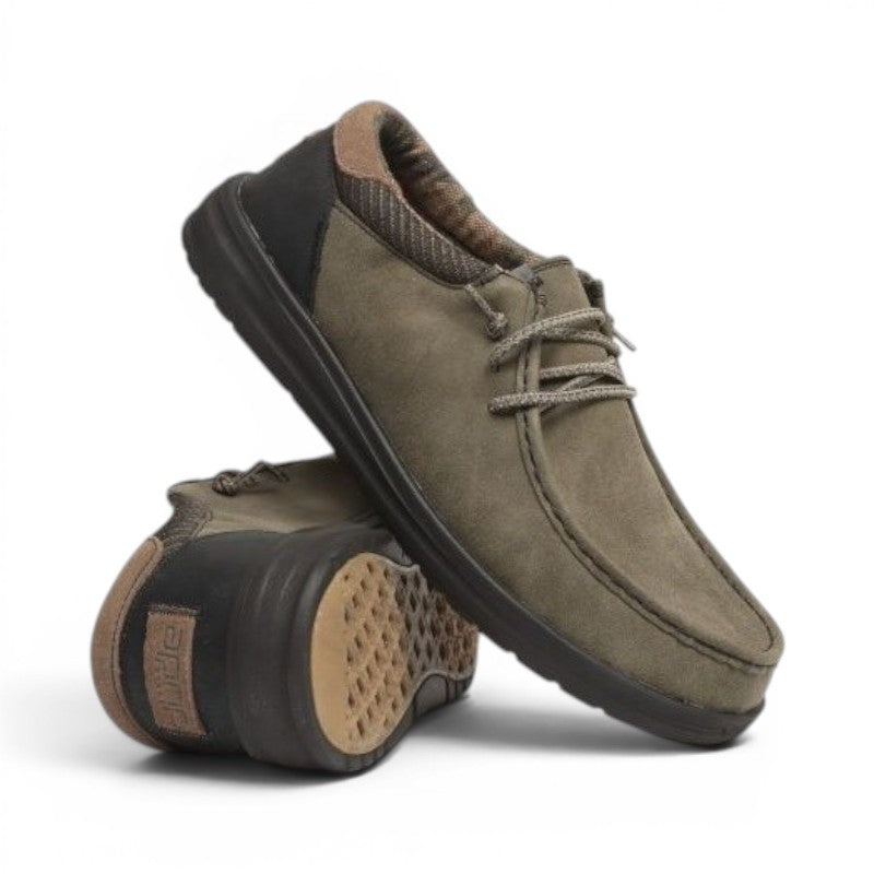 My Store Paul men's olive green synthetic nubuck slip-on shoes with elastic laces and cushioned ankle.