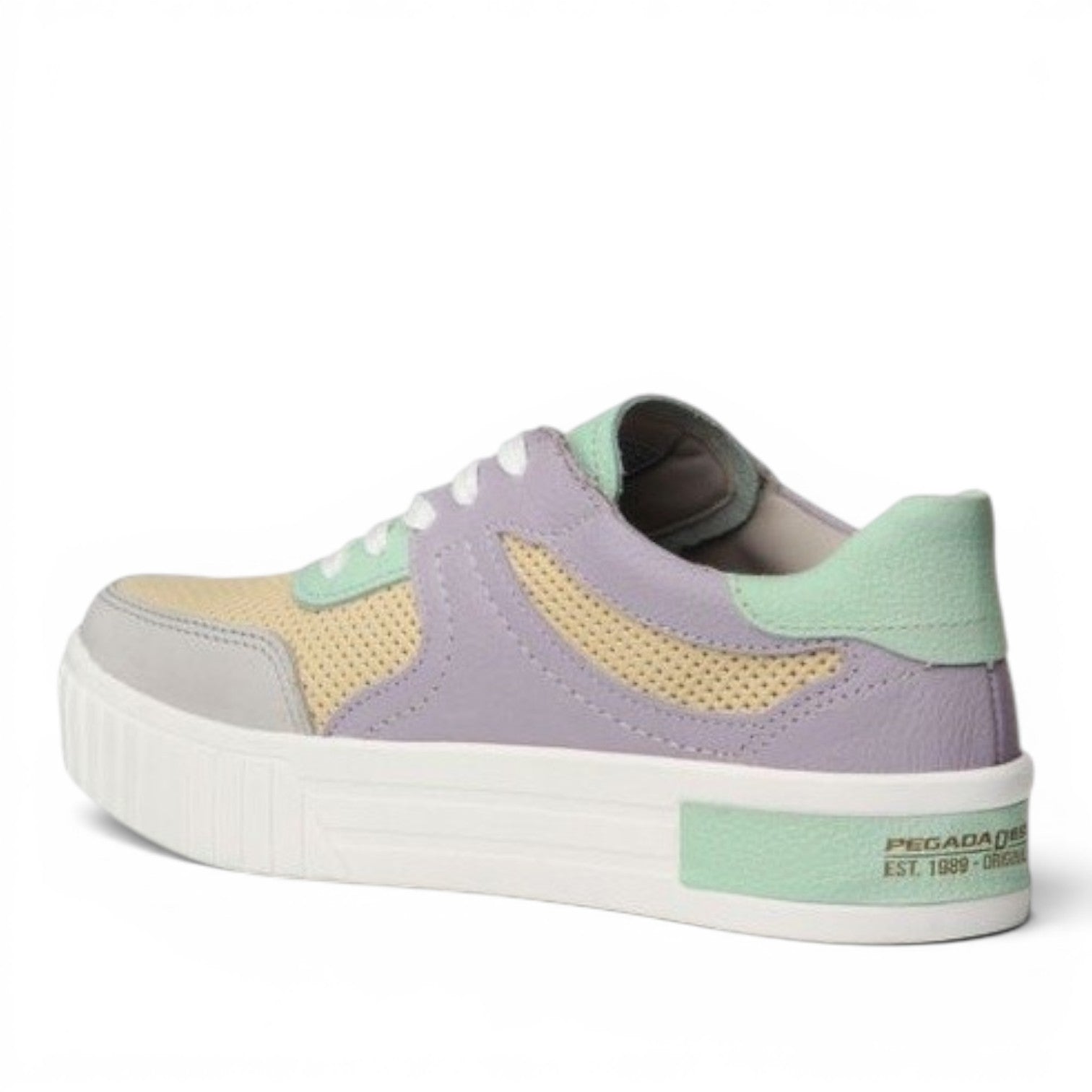 My Store Pegada 212503-09 women's leather sneakers in pastel lilac, yellow, and mint green with a platform sole.