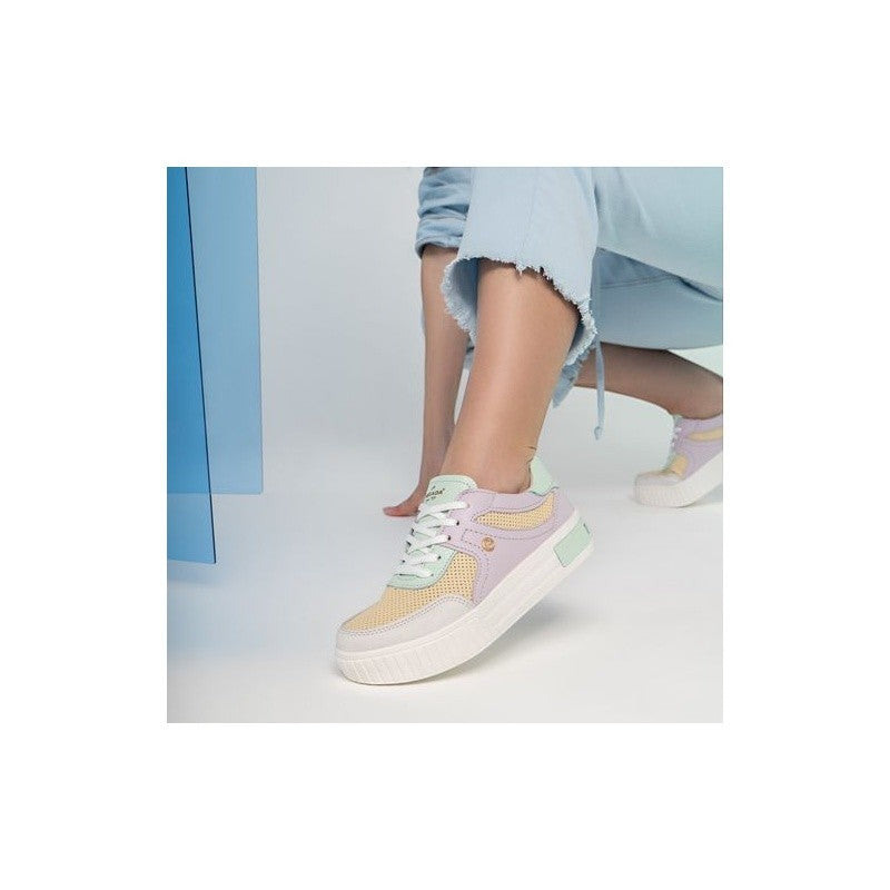 My Store pastel leather sneakers with textile lining, featuring a lace-up closure and perforated details.
