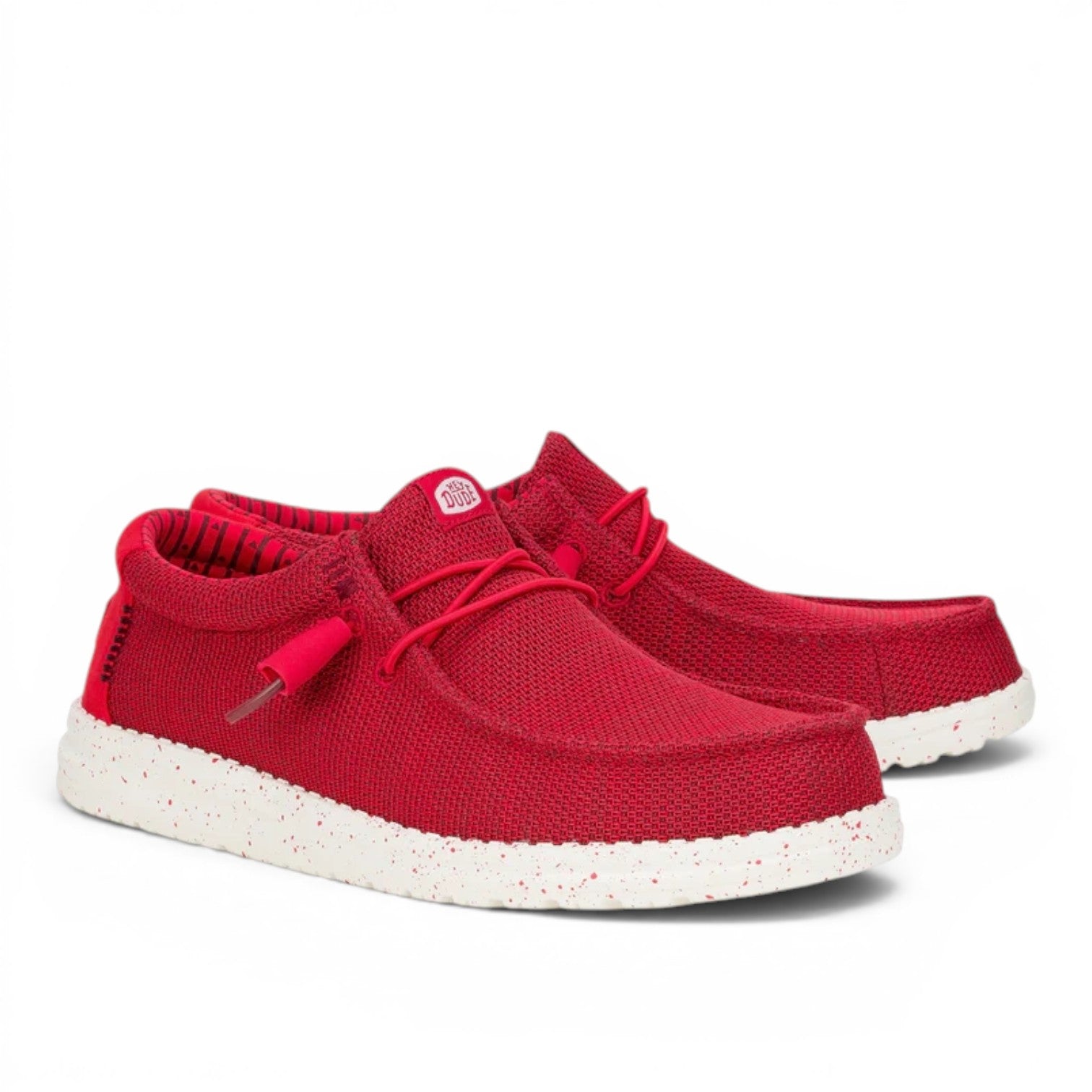 My Store Wally Stretch Sox red knit slip-on shoes with white speckled sole and elastic laces.