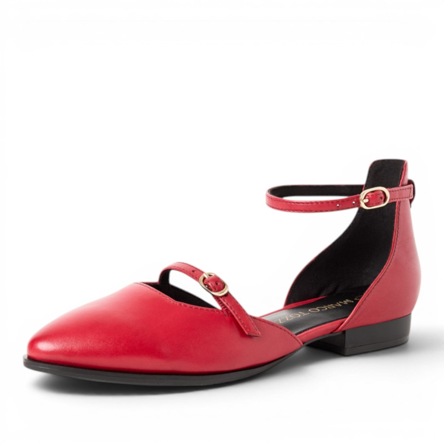 My Store red leather pointed toe flats with ankle strap and buckle detail.