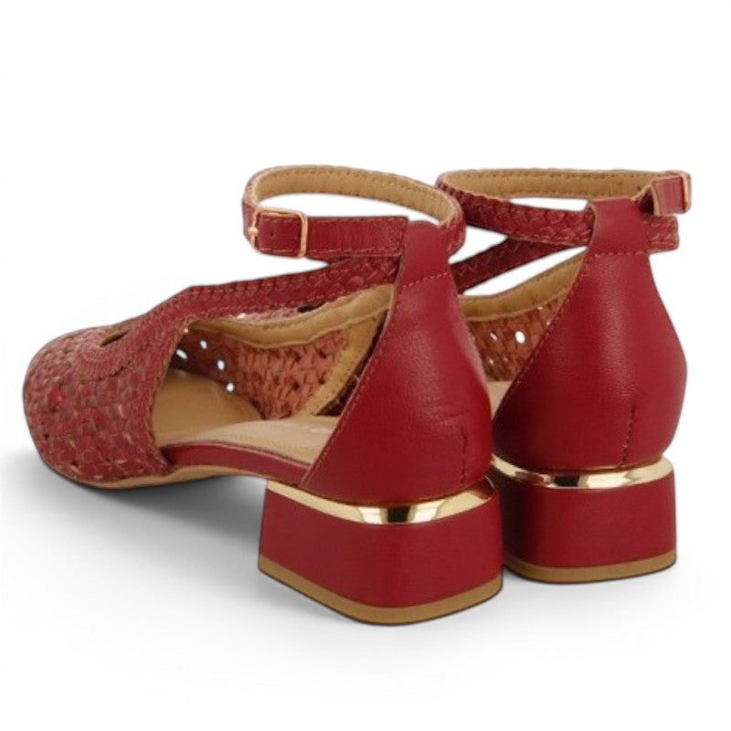 My Store red leather woven low heel sandals with ankle strap and gold trim detail.