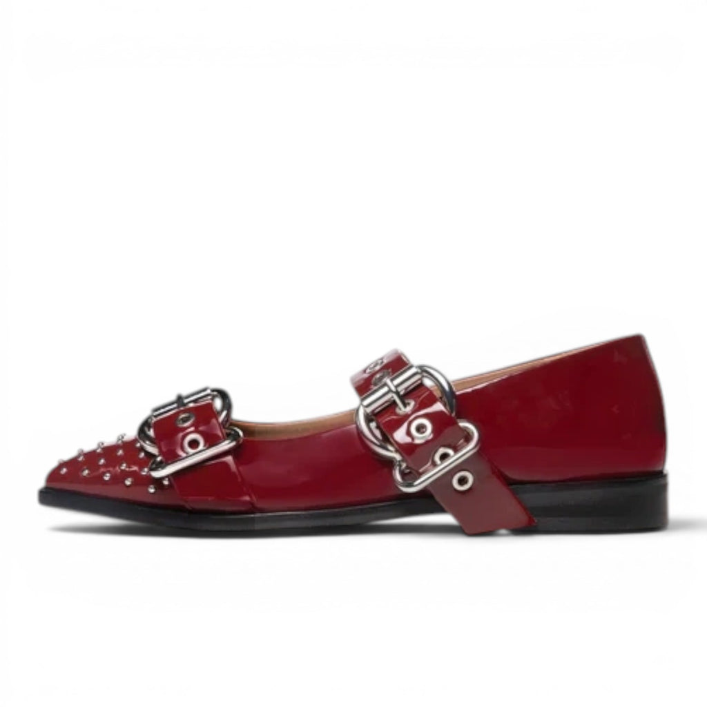 My Store red patent leather ballet flats with double buckle straps and silver stud detailing.