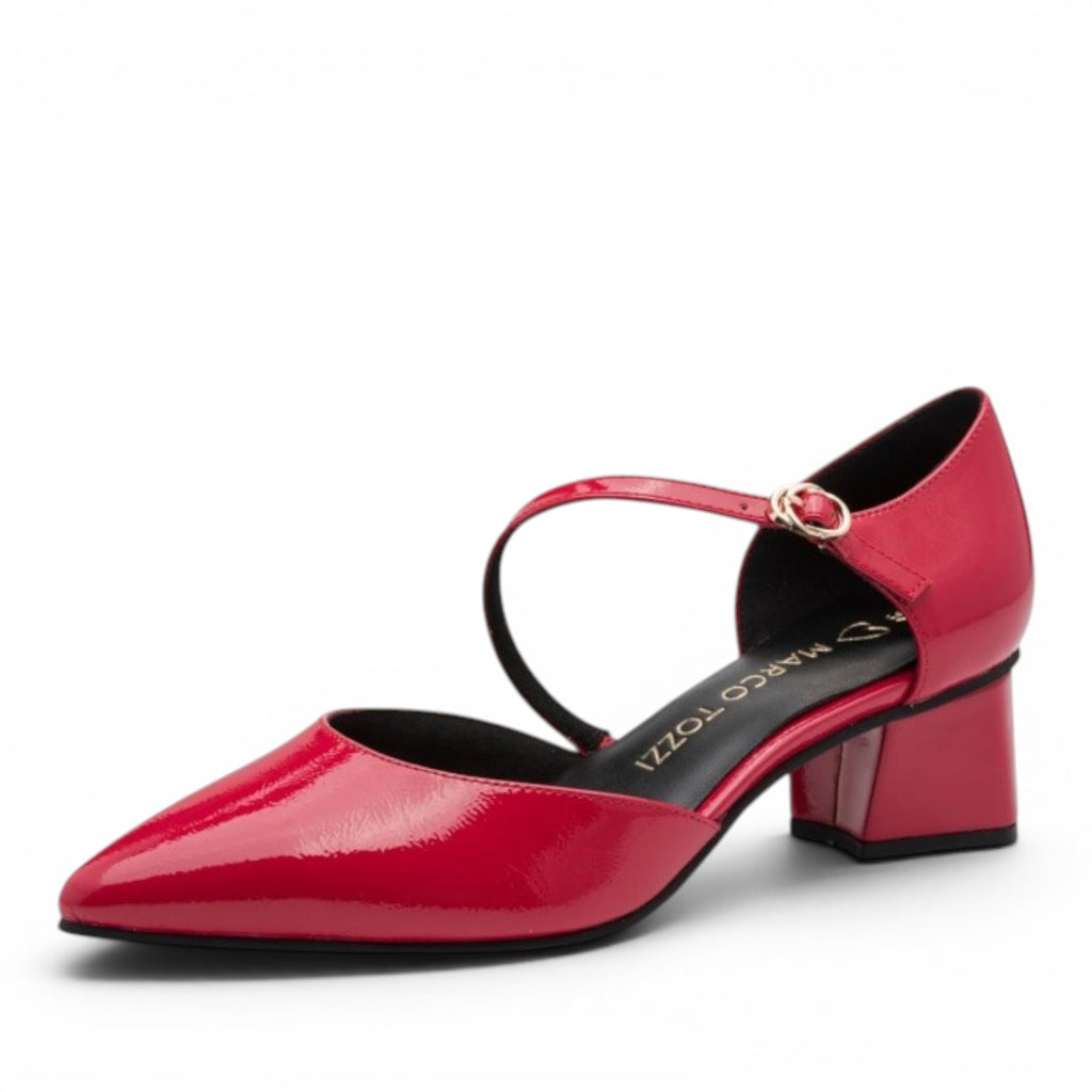 My Store red patent synthetic pointed toe Mary Jane heels with a 40mm block heel and ankle strap.