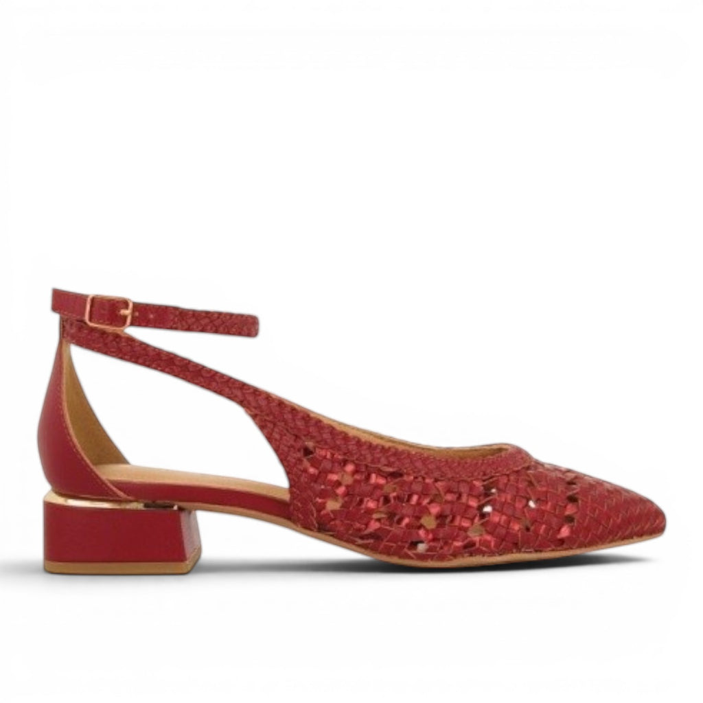 My Store red woven leather d'Orsay flats with ankle strap and block heel.