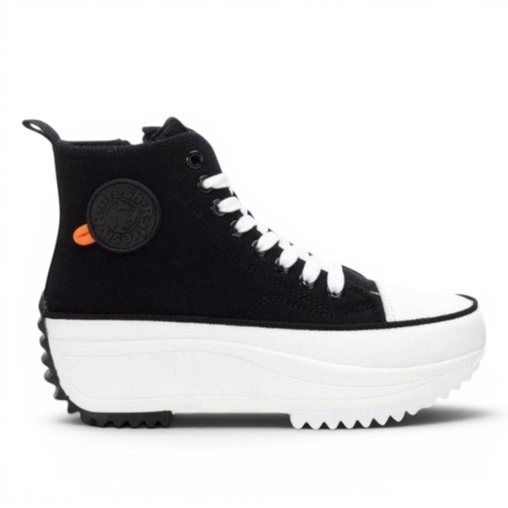 My Store Refresh high-top textile sneakers with white laces, white toe cap, and chunky white sole. Side zip closure.