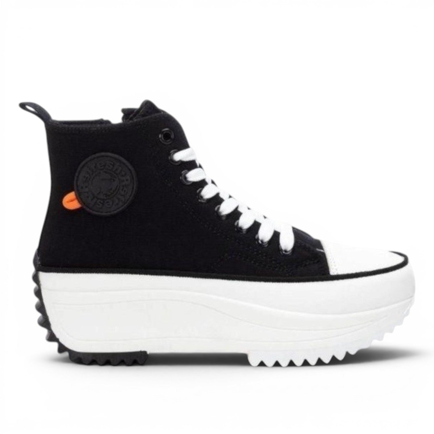 My Store Refresh high-top textile sneakers with white laces, white toe cap, and chunky white sole. Side zip closure.