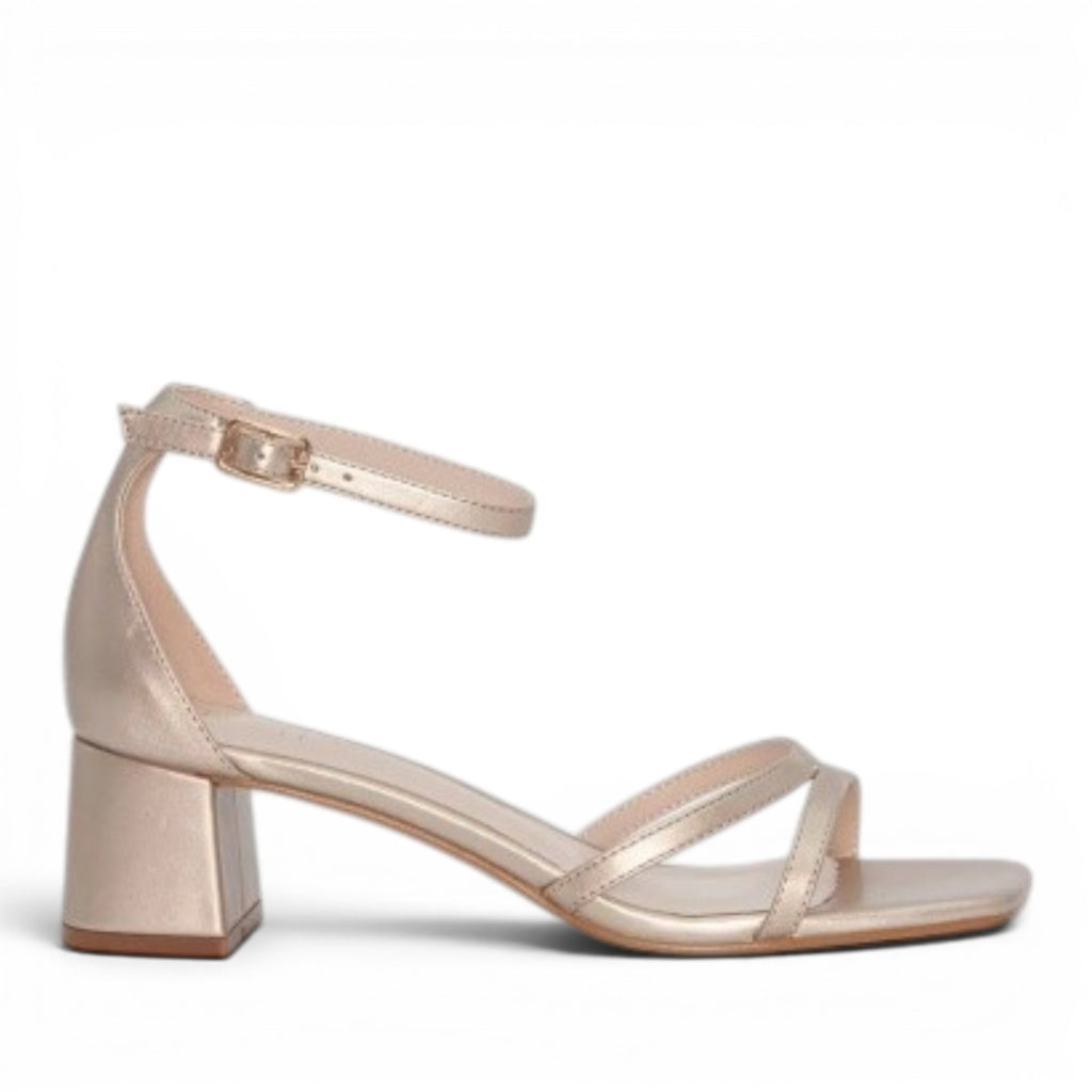 My Store rose gold synthetic material block heel sandals with ankle strap and open toe.