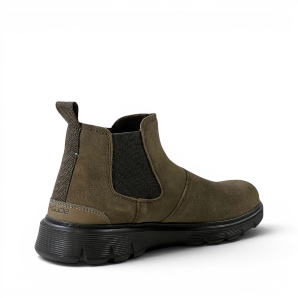 My Store Scott olive green suede Chelsea boots with elastic side panels and pull tab.