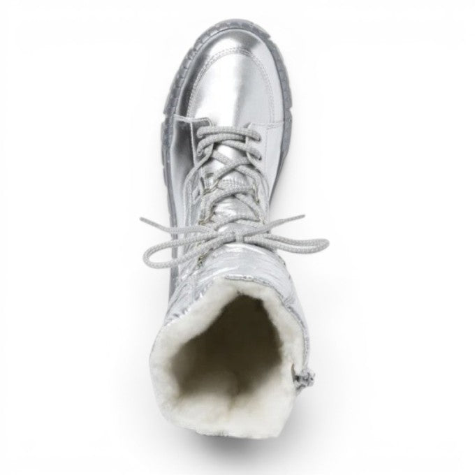 My Store silver metallic weather-resistant synthetic leather winter boots with warm wool lining and side zipper.