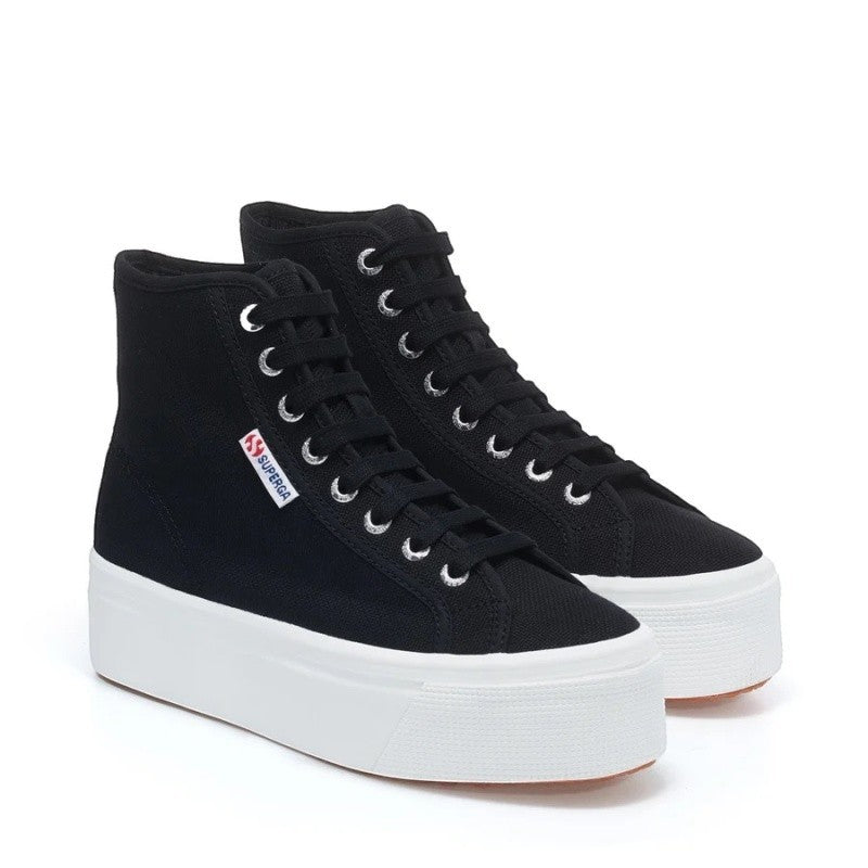 My Store black canvas high-top sneakers with white platform sole and silver eyelets. Superga logo detail.