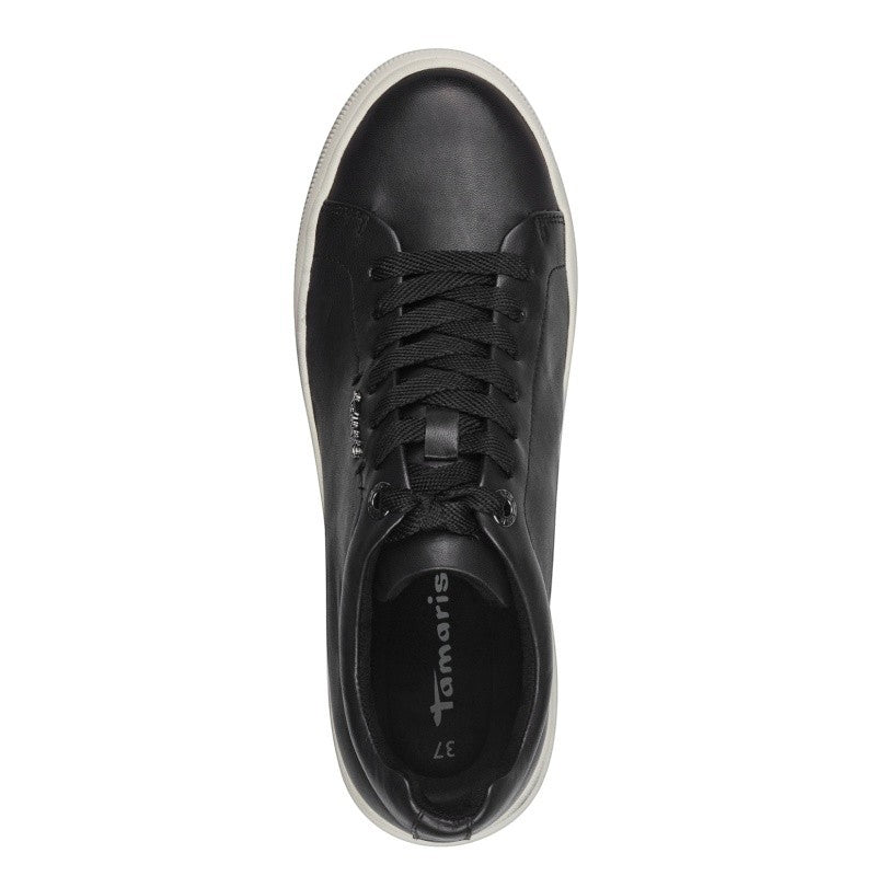 My Store Tamaris black leather low-top sneakers with white sole and laces. Size 37.