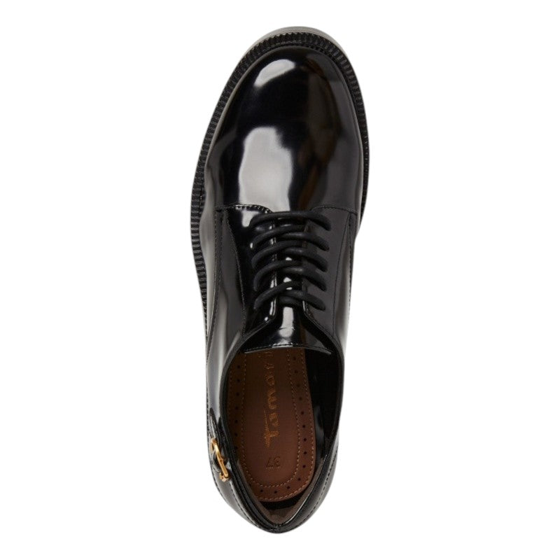 My Store Tamaris black patent leather lace-up shoes with round toe and gold buckle detail.