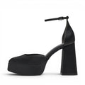 My Store Tamaris black textile platform heels with 11cm block heel and ankle strap.