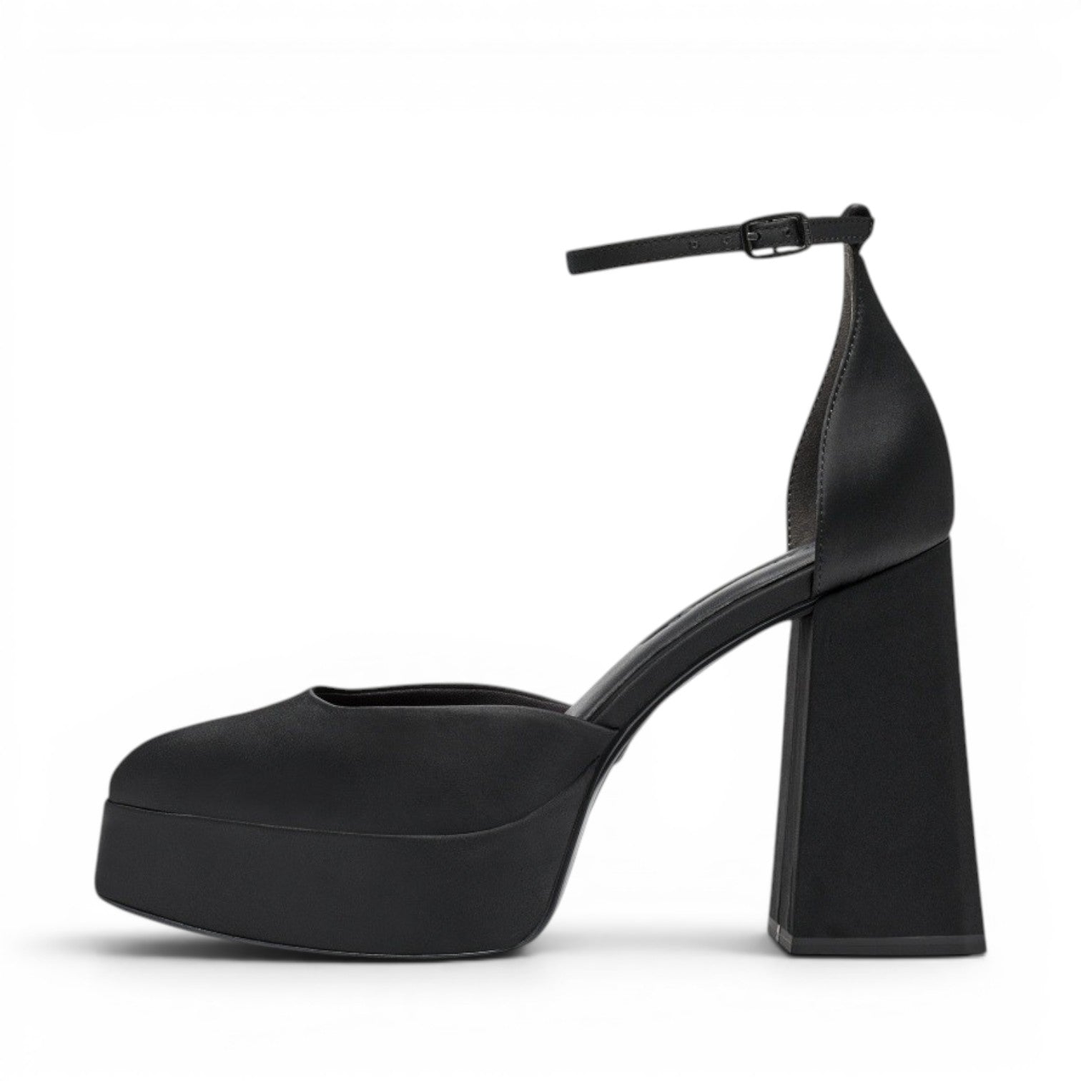 My Store Tamaris black textile platform heels with 11cm block heel and ankle strap.
