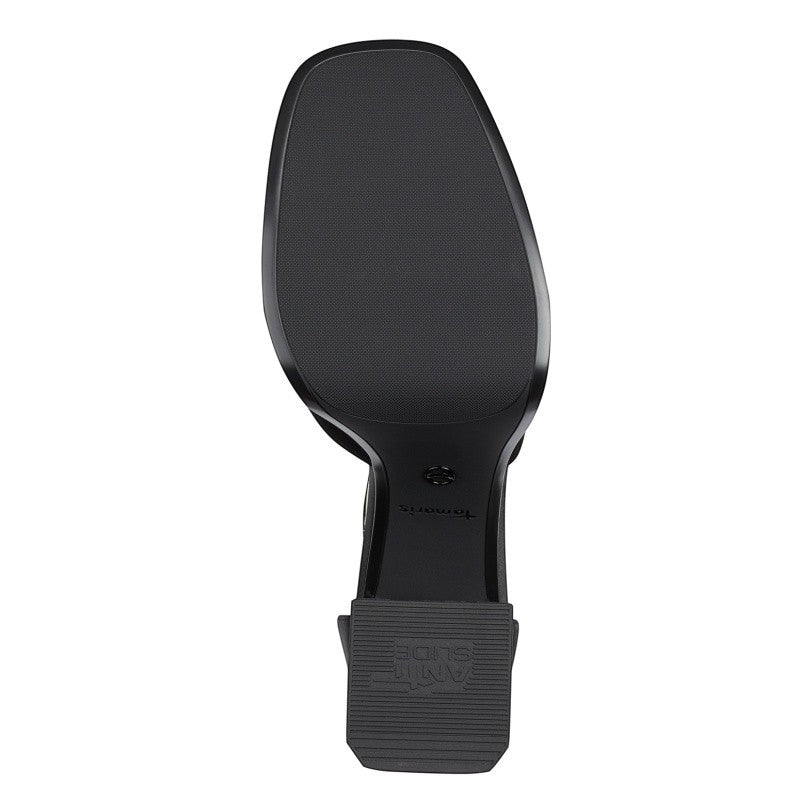 My Store Tamaris black textile block heel sandals with 11cm heel and 3cm platform. Features TOUCH-IT technology for comfort.