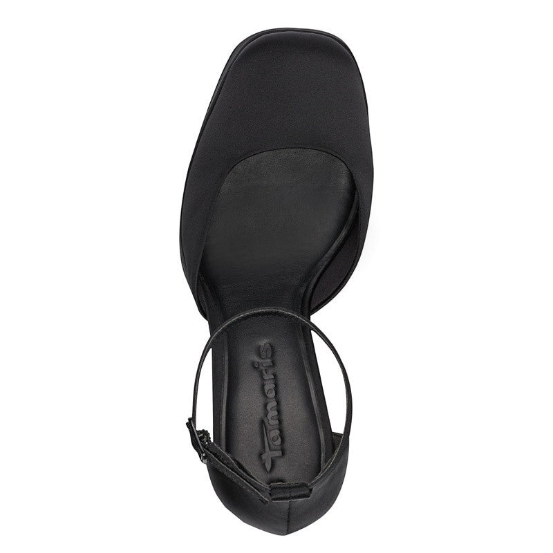 My Store Tamaris black textile block heel sandals with ankle strap and 11cm heel