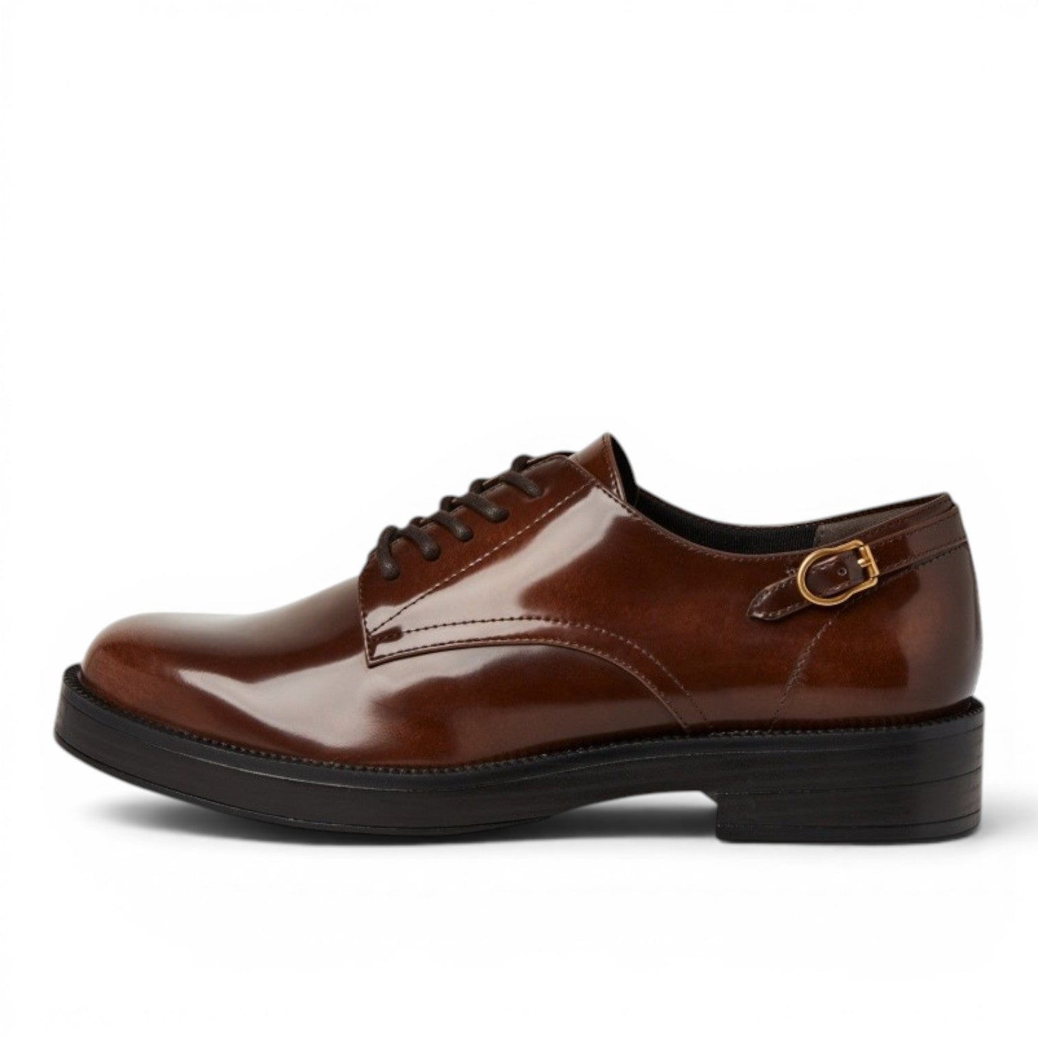 My Store Tamaris brown synthetic leather lace-up shoes with gold buckle detail and round toe.