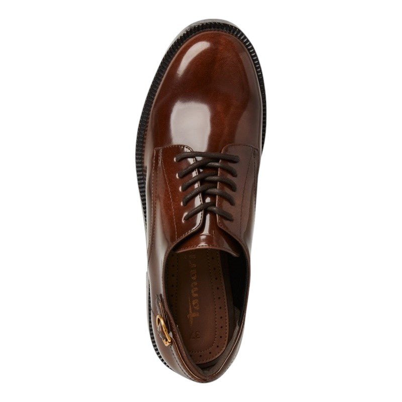 My Store Tamaris brown synthetic lace-up shoes with a gold buckle detail and a round toe.