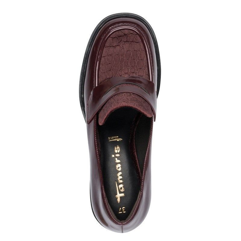 My Store Tamaris burgundy synthetic loafers with patent finish, croc-embossed detail, and 60mm platform.