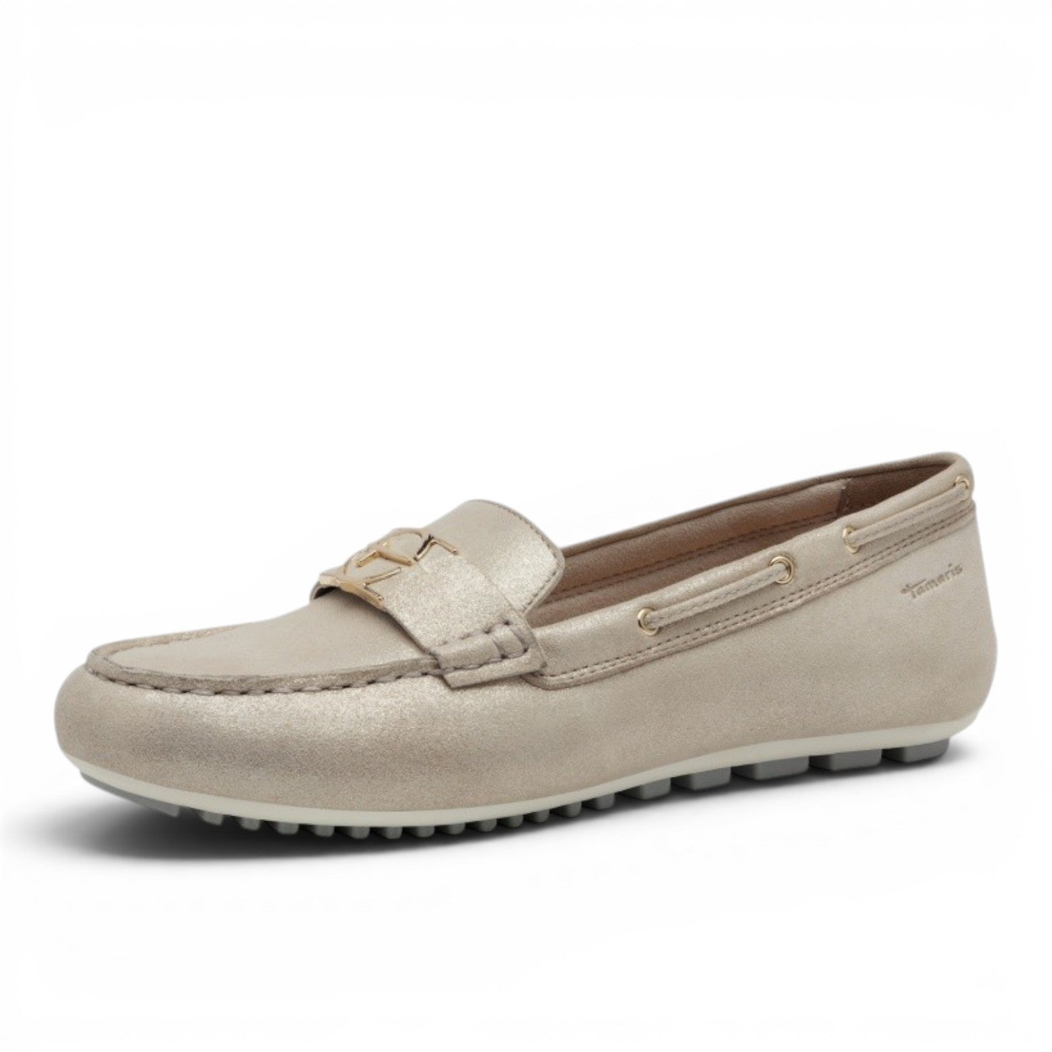My Store Tamaris women's champagne leather loafers with gold buckle detail and rubber sole.