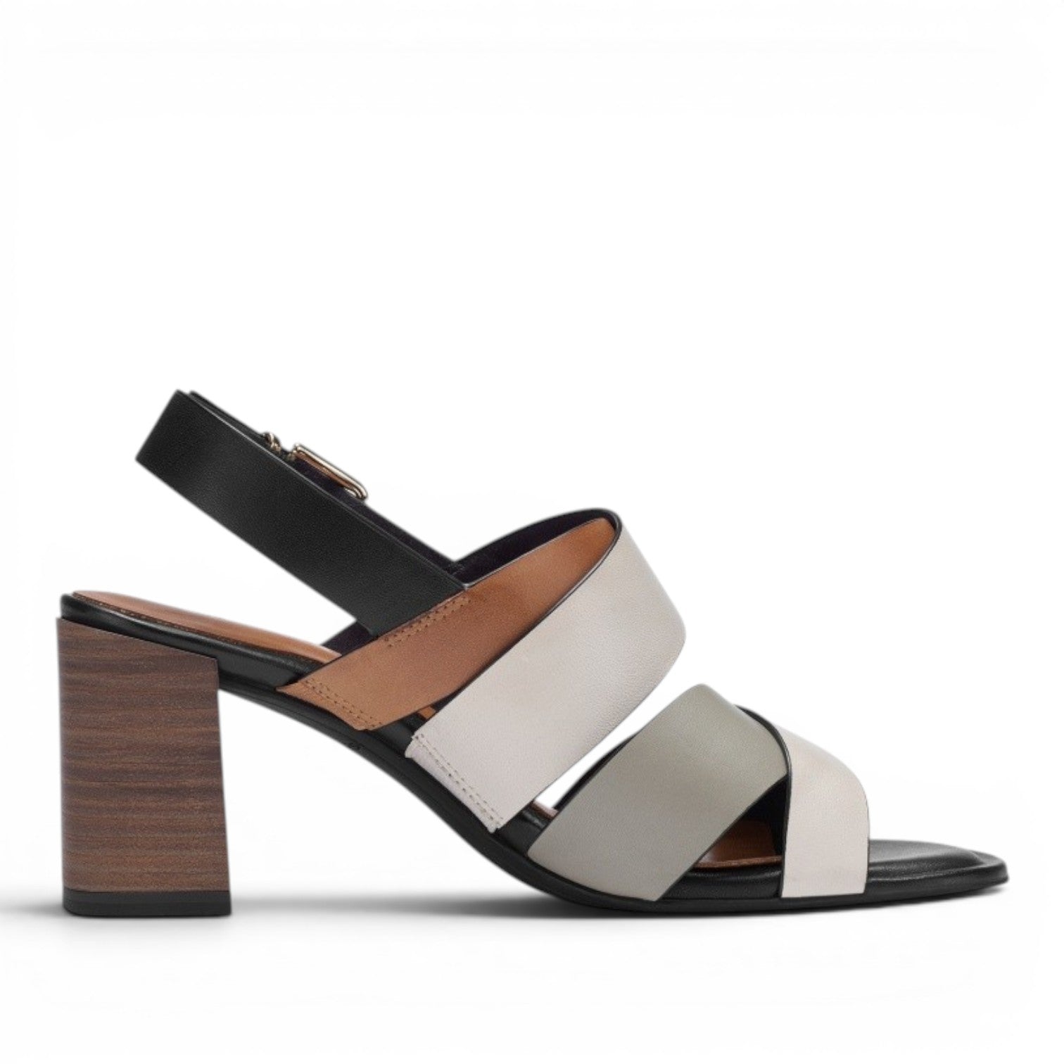My Store Tamaris women's leather block heel sandals with criss-cross straps in black, tan, white, and grey.