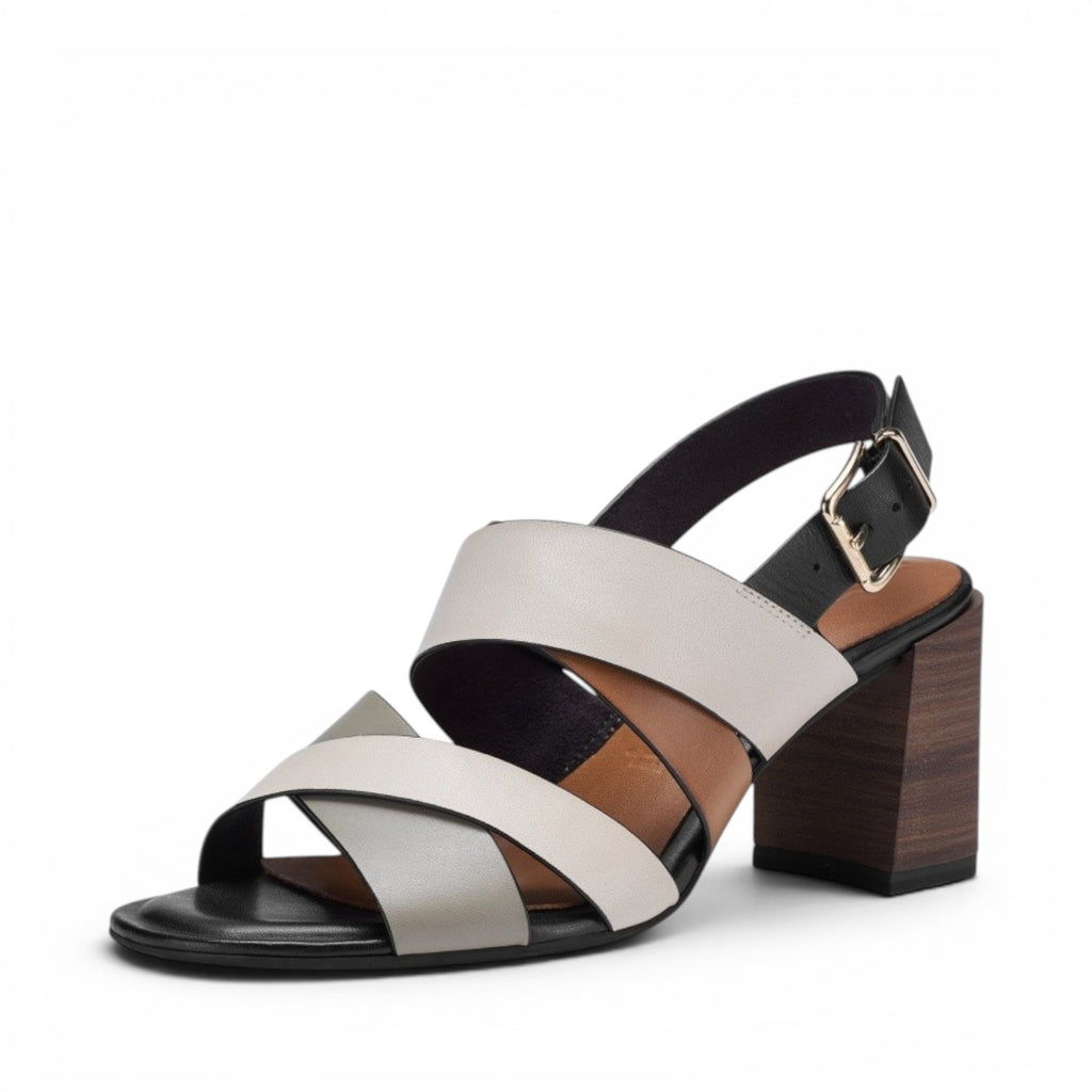 My Store Tamaris women's leather sandals with criss-cross straps, buckle closure, and 7cm block heel in grey, beige, and brown.