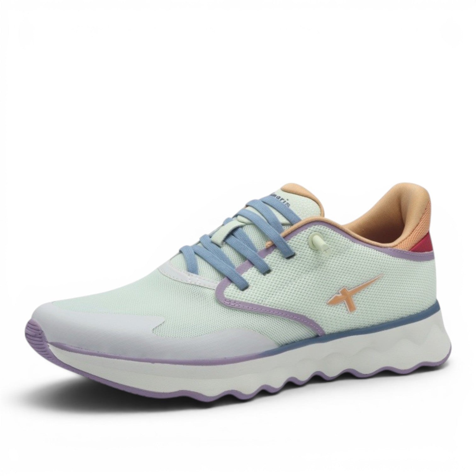 My Store Tamaris light green textile sneakers with blue laces and a wavy white and purple sole.