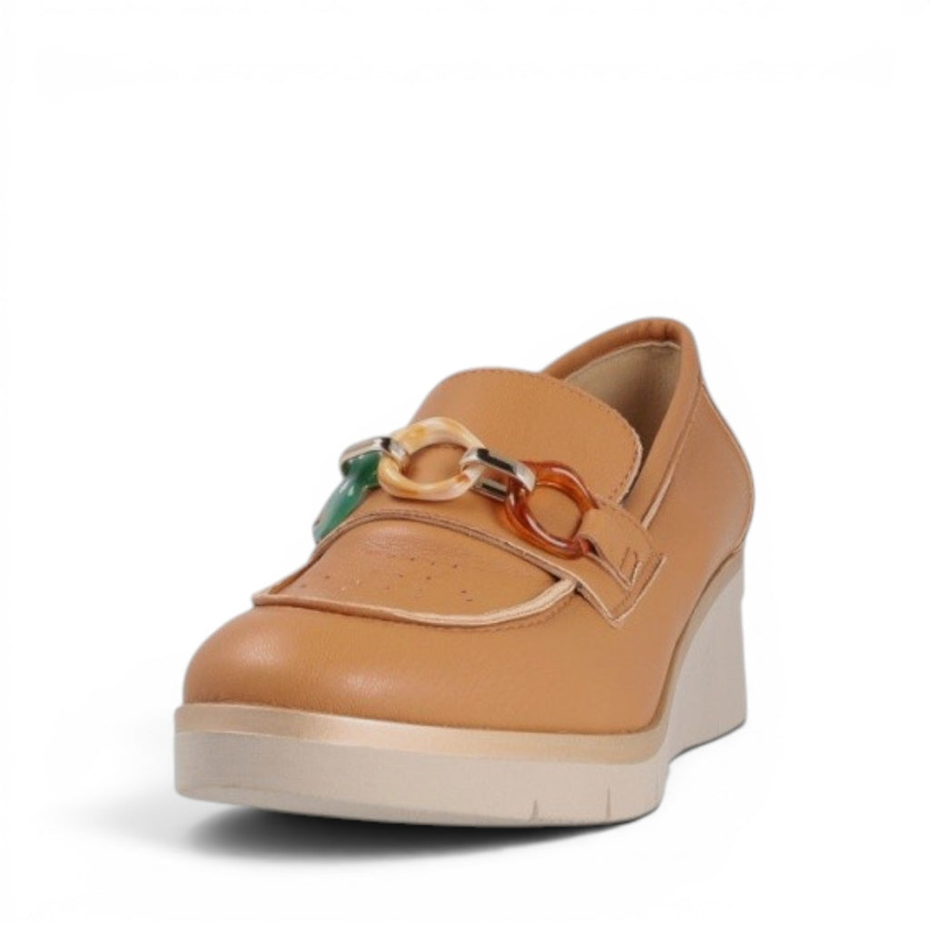 My Store tan faux leather loafers with leather lining and a 5cm wedge heel, featuring decorative chain detail.