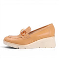 My Store tan leather loafers with a gold and cream ring detail and a 5cm wedge heel, made in Italy.