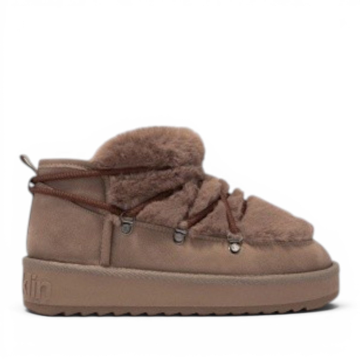 My Store taupe synthetic fur-lined ankle boots with lace-up detail and thick rubber sole.
