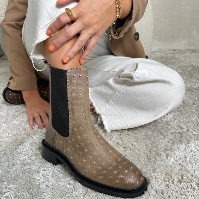 My Store taupe leather Chelsea boots with silver stud detail and black elastic side panels. Women's footwear.
