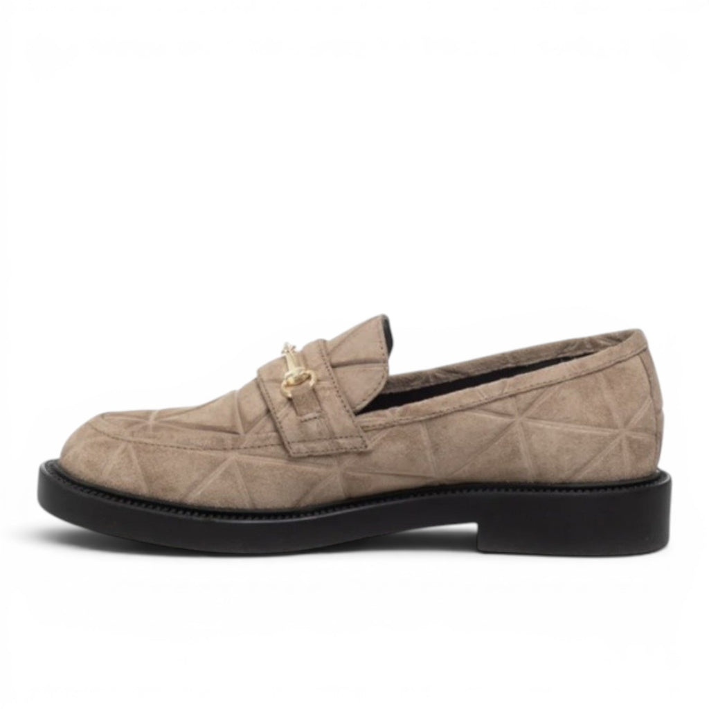 My Store Copenhagen CS7059 taupe suede quilted loafers with gold bit detail and black TPR sole.