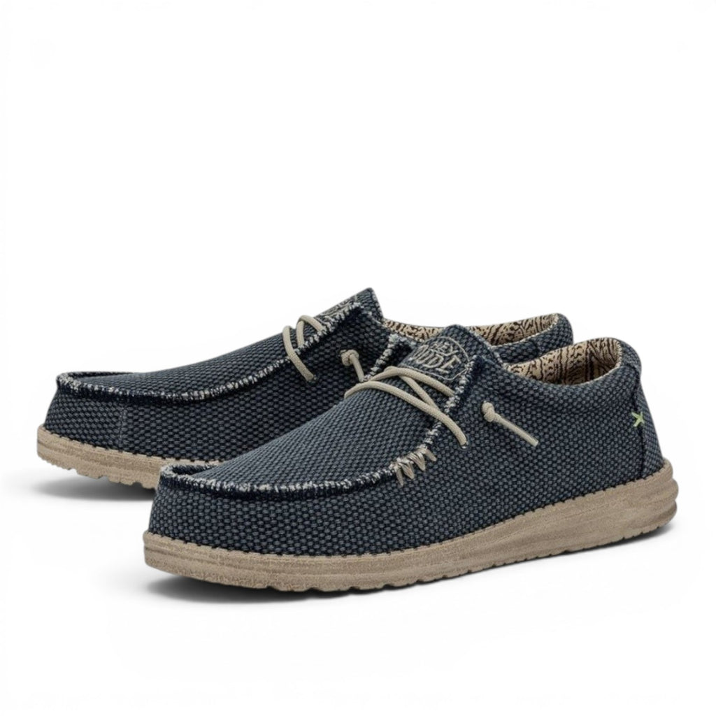My Store Wally Braided dark blue textile slip-on shoes with beige laces and tan soles.