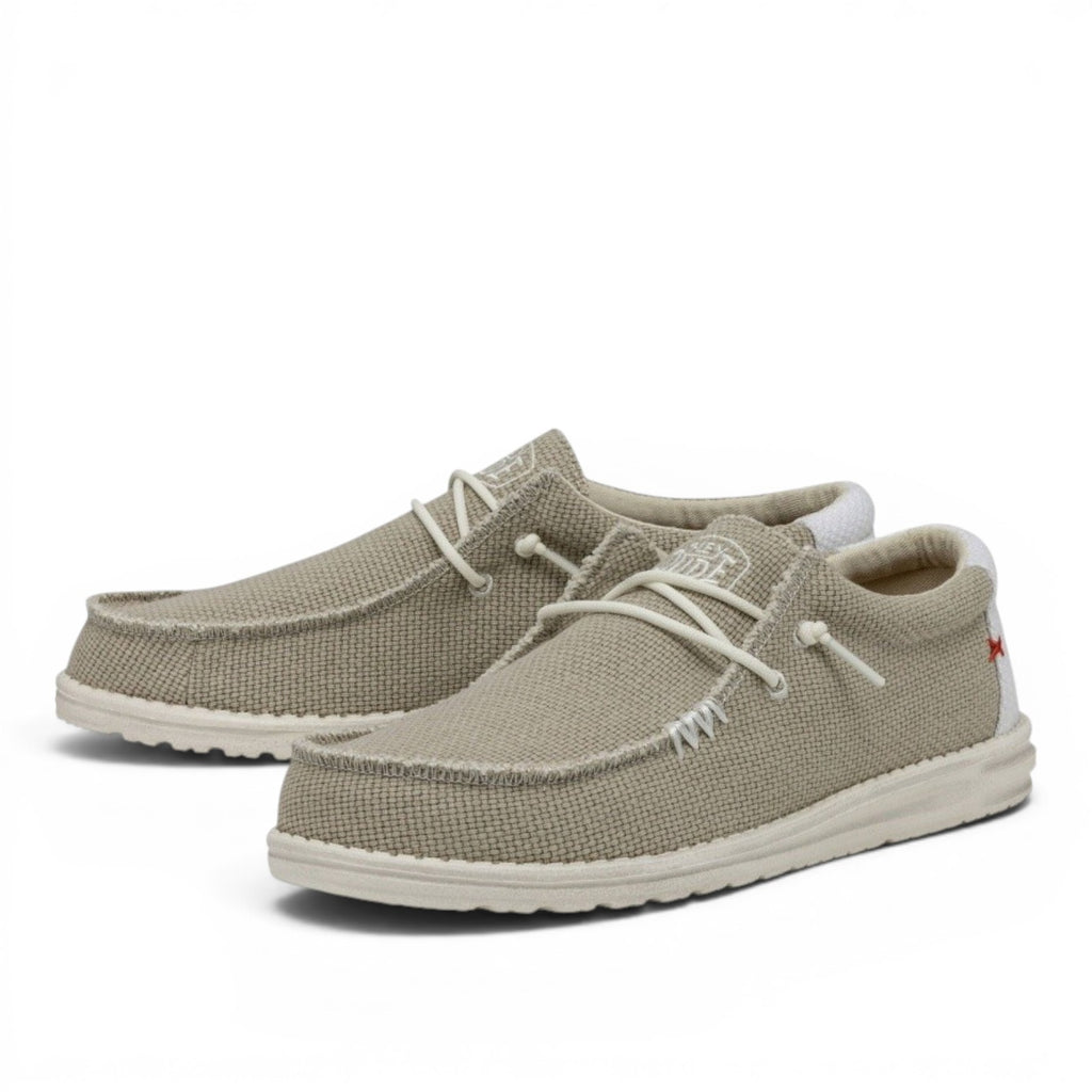My Store Wally Braided men's tan textile slip-on shoes with white laces and soles. Features a braided texture.