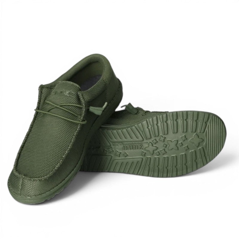 My Store Wally Funk Mono olive green polyester knit slip-on shoes with elastic laces.