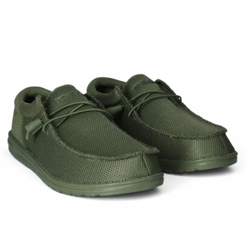 My Store Wally Funk Mono olive green polyester knit slip-on shoes with elastic laces.