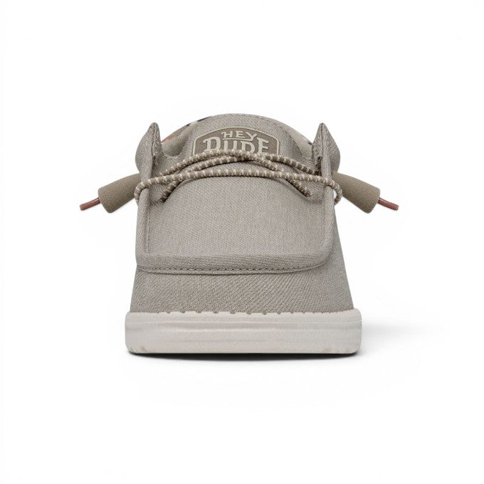 My Store Wally Funk light tan textile slip-on shoes with elastic laces and a white sole.