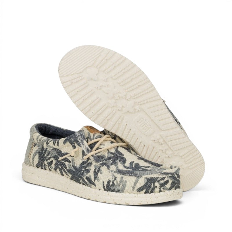 My Store Wally Palm Jute men's slip-on shoes with tropical palm leaf print in beige and navy. Features elastic laces and a flexible sole.