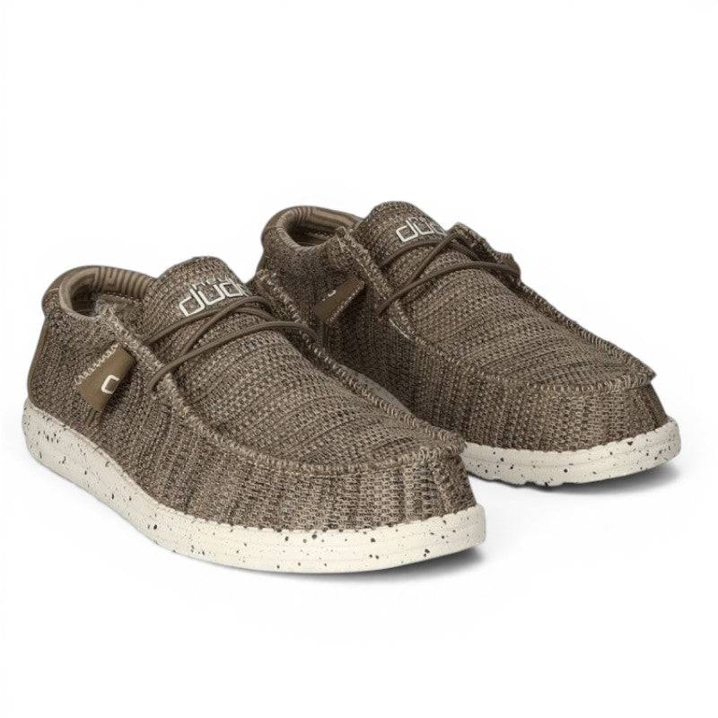 My Store Wally Sox men's brown knit slip-on shoes with elastic laces and speckled white sole.