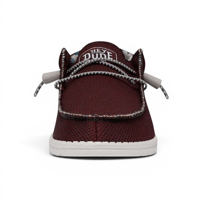 My Store Wally Sox Triple Needle men's burgundy textile slip-on shoes with elastic laces and white soles.