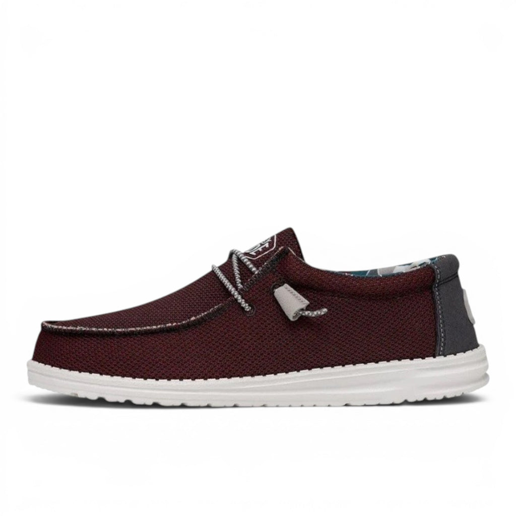 My Store Wally Sox men's burgundy textile slip-on shoes with elastic laces and white soles.