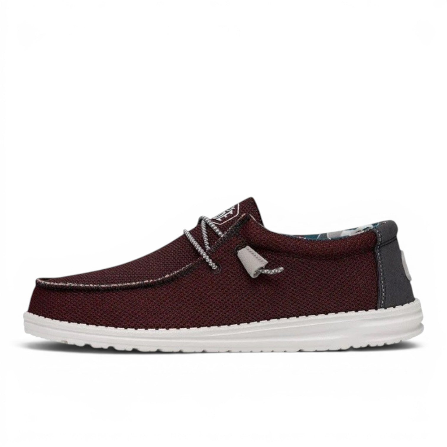 My Store Wally Sox men's burgundy textile slip-on shoes with elastic laces and white soles.