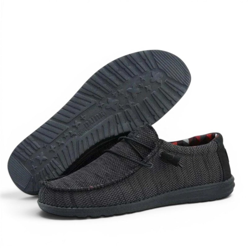My Store Wally Sox men's dark grey textile slip-on shoes with elastic laces and red plaid lining.