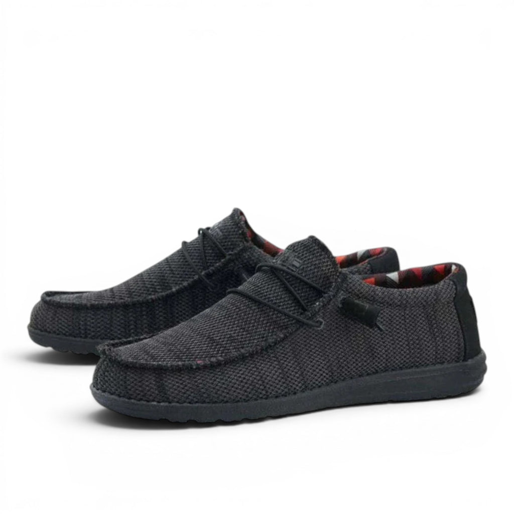 My Store Wally Sox dark grey textile slip-on shoes with elastic laces and plaid lining.