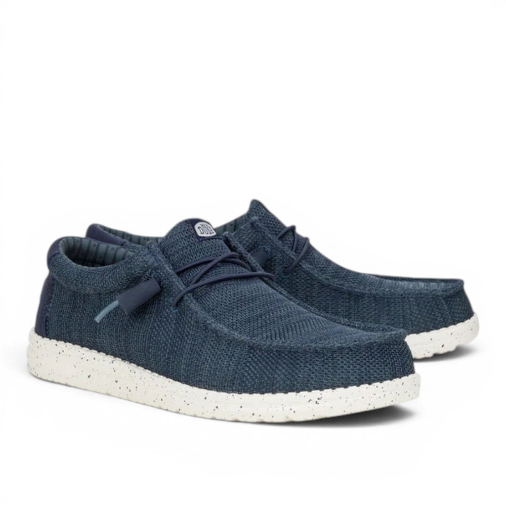 My Store Wally Stretch Sox navy blue knit slip-on shoes with white speckled soles and elastic laces.