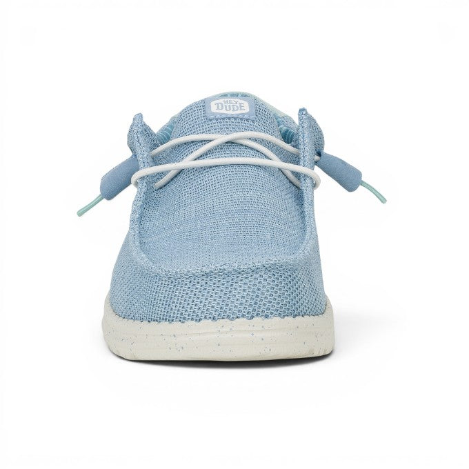 My Store Wally Stretch Sox light blue knit slip-on shoes with white laces and speckled sole.