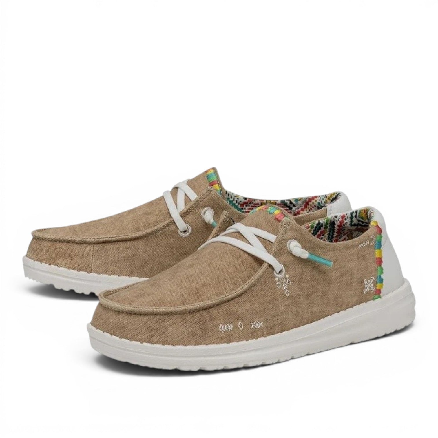 My Store Wendy Boho women's tan textile slip-on shoes with white laces and embroidered details.